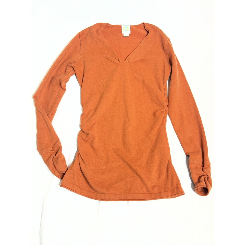 Title Nine Orange V Neck Long Sleeve Pullover Ruched Sides & Sleeve Detail Sz XS